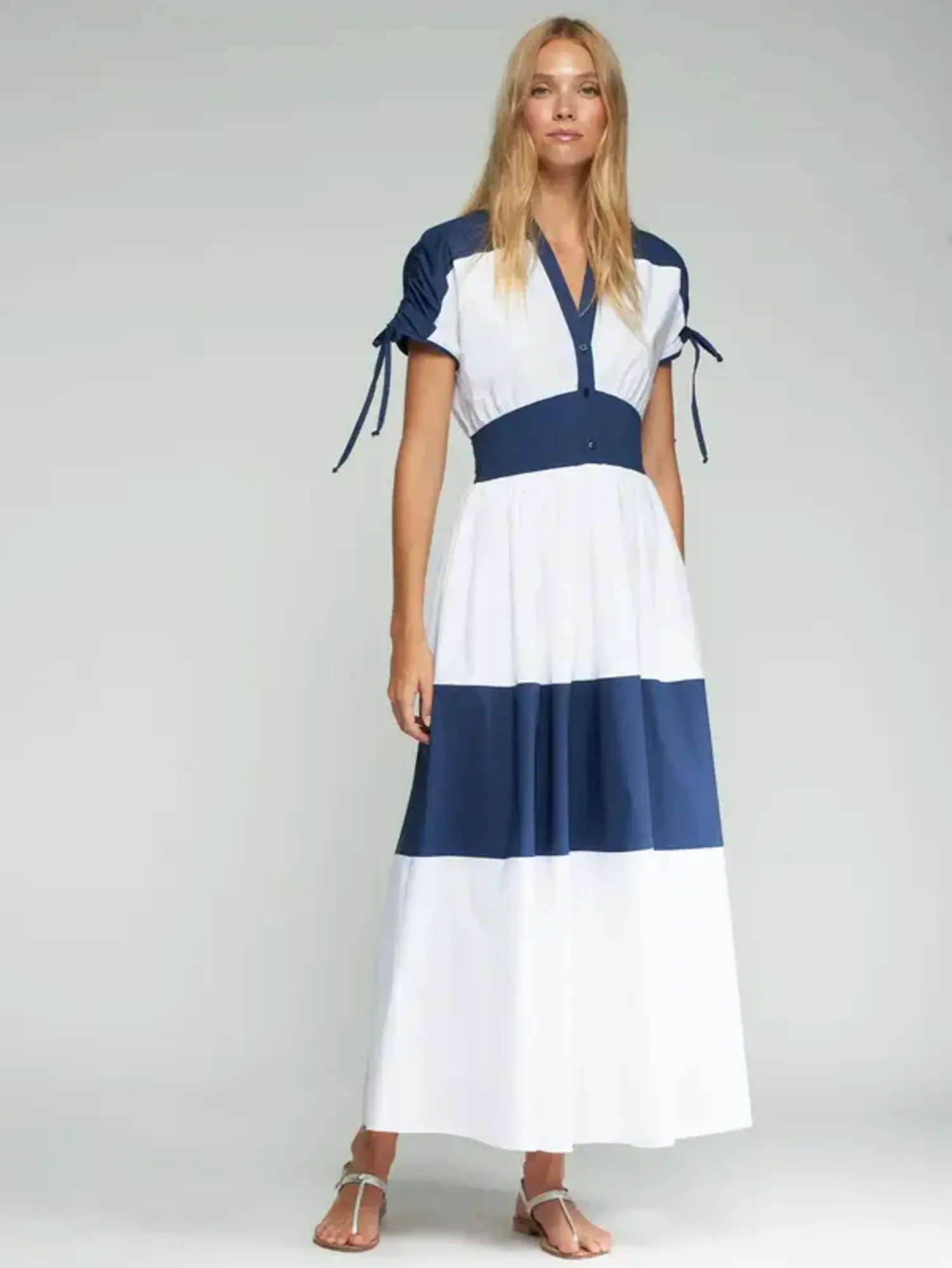 blue and white colorblock dress Linen Color Block Dress with Striped Detail, White & Blue