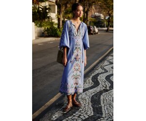 embroidered dresses for wedding guest Embroidered Tapestry Organic Cotton Mini Dress, Blue – Sabi Boutique main image 0