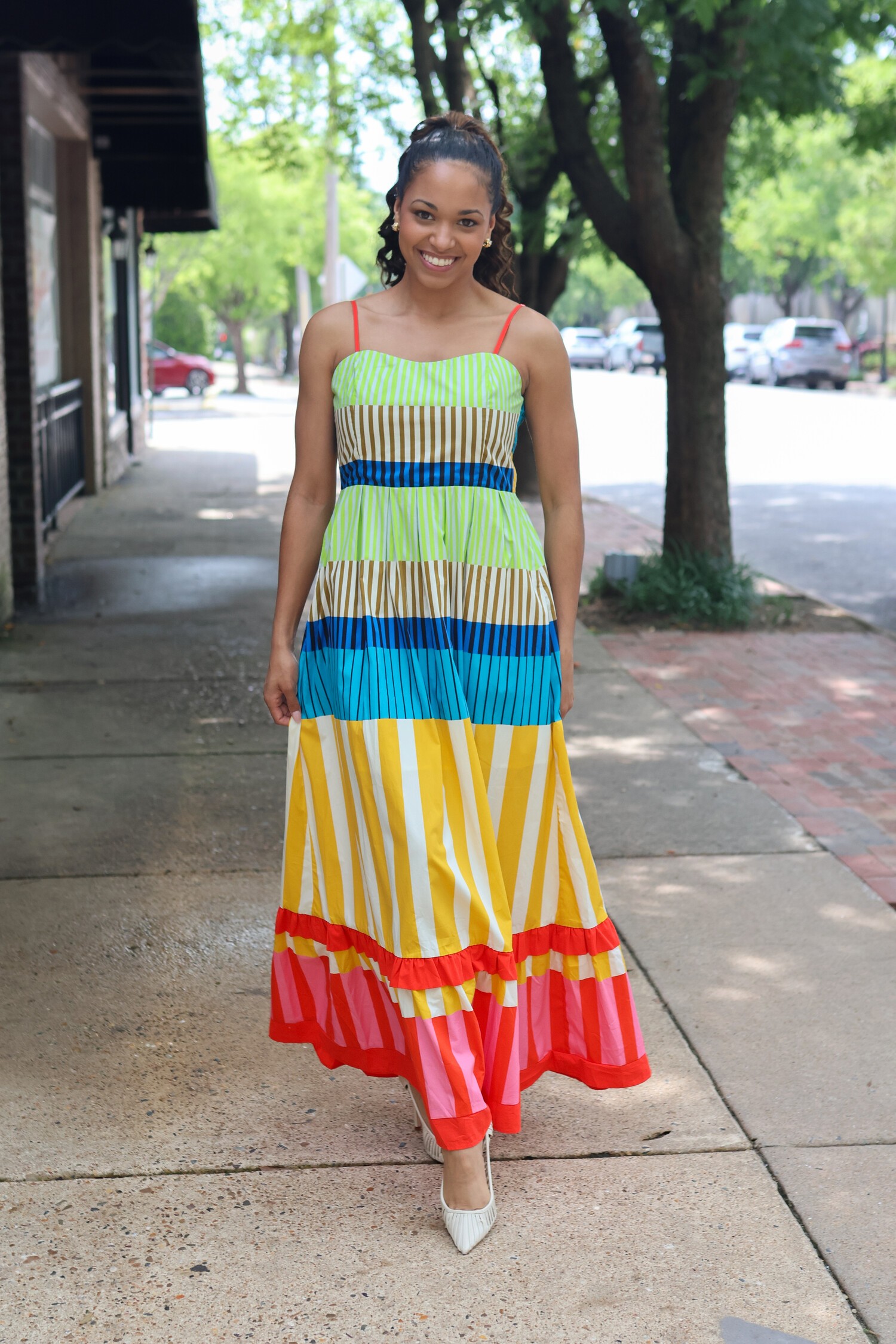 colorful striped maxi dress Nikki Multi-Stripe Smocked Tiered Maxi Sundress with Pockets Small