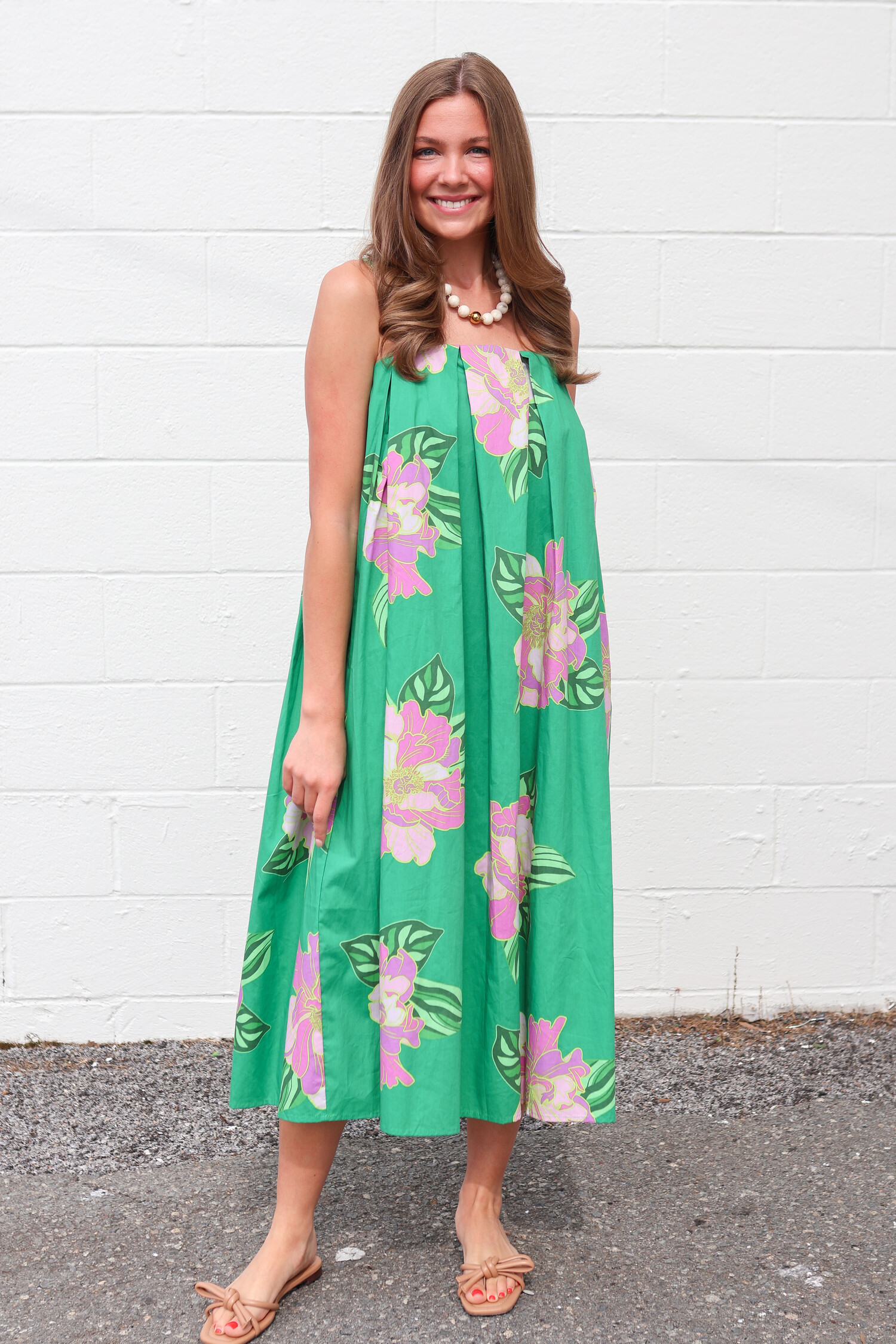 thml green floral dress Gia Pleated filter-sleeve:strapless/tube