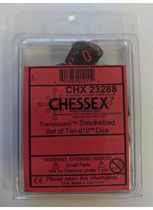 Translucent 10-Die Set D10 Smoke W / Red Chessex Dice (CHX23288)