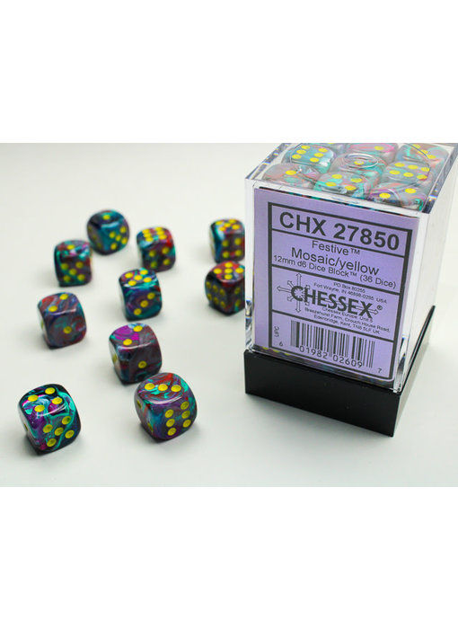 Festive 36 * D6 Mosaic / Yellow 12mm Chessex Dice (CHX27850)