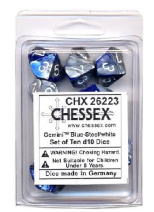 Gemini 10 * D10 Blue-Steel / White Chessex Dice (CHX26223)