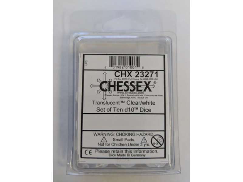 Chessex Translucent 10-Die Set D10 Clear W / White Chessex Dice (CHX23271)