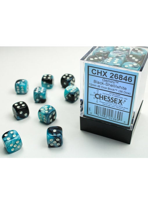 Gemini 36 * D6 Black-Shell / White 12mm Chessex Dice (CHX26846)