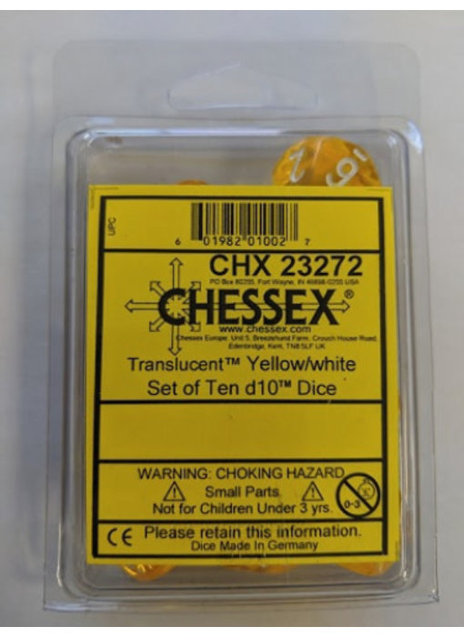 Translucent 10-Die Set D10 Yellow W / White Chessex Dice (CHX23272)