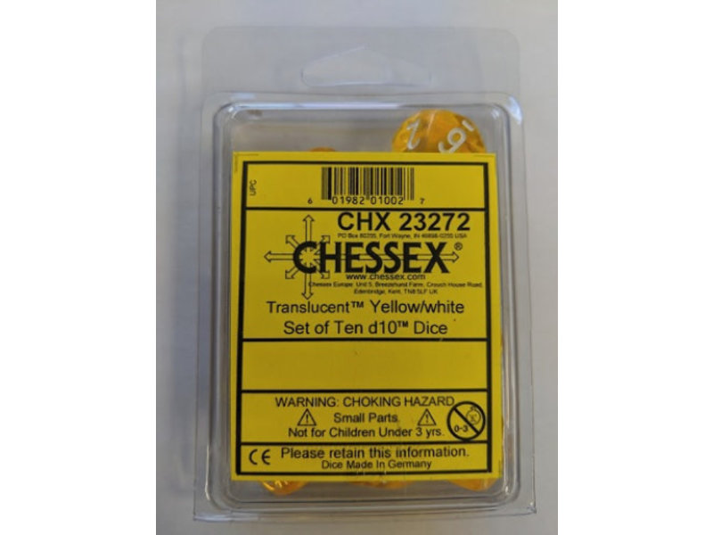 Chessex Translucent 10-Die Set D10 Yellow W / White Chessex Dice (CHX23272)