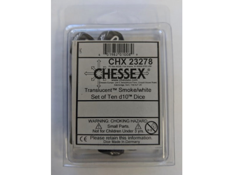 Chessex Translucent 10-Die Set D10 Smoke W / White Chessex Dice (CHX23278)