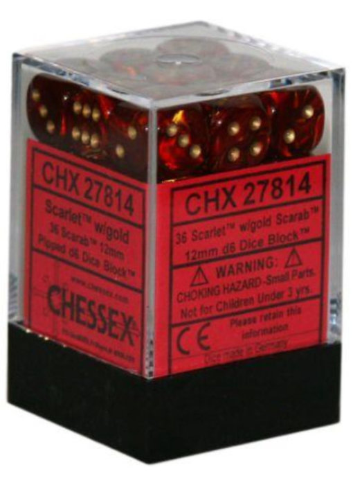 Scarab 36 * D6 Scarlet / Gold 12mm Chessex Dice (CHX27814)