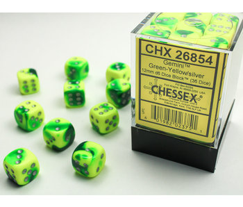 Gemini 36 * D6 Green-Yellow / Silver 12mm Chessex Dice (CHX26854)