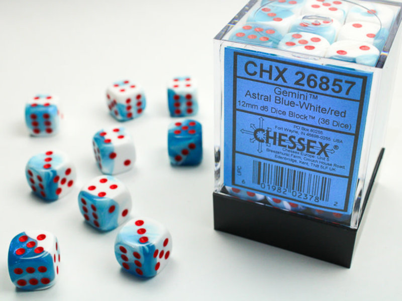 Chessex Gemini 36 * D6 Astral-Blue White / Red 12mm Chessex Dice (CHX26857)