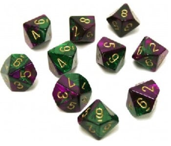 Gemini 10 * D10 Green-Purple / Gold Chessex Dice (CHX26234)