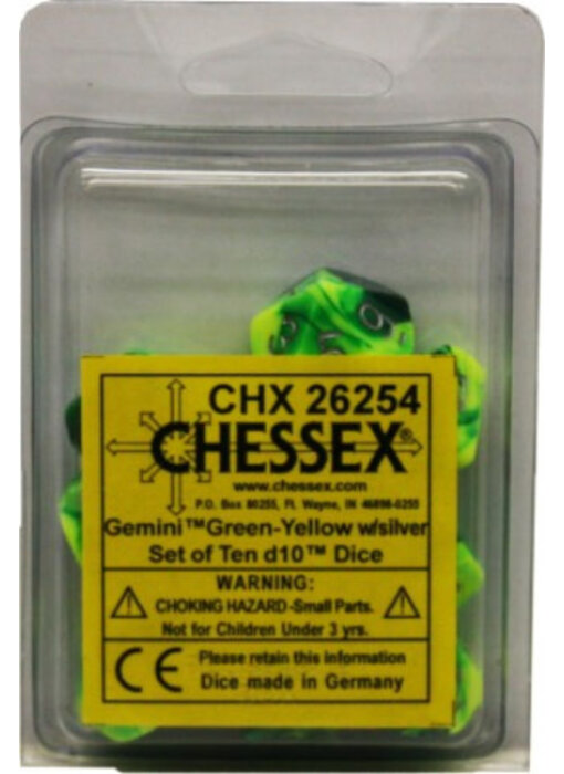 Gemini 10 * D10 Green-Yellow / Silver Chessex Dice (CHX26254)