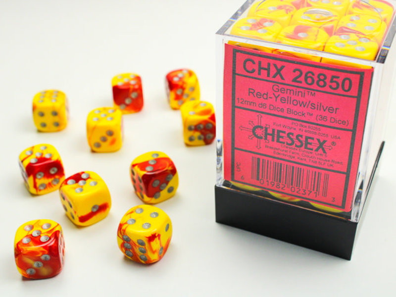 Chessex Gemini 36 * D6 Red-Yellow / Silver 12mm Chessex Dice (CHX26850)