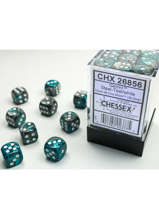 Gemini 36 * D6 Steel-Teal / White 12mm Chessex Dice (CHX26856)