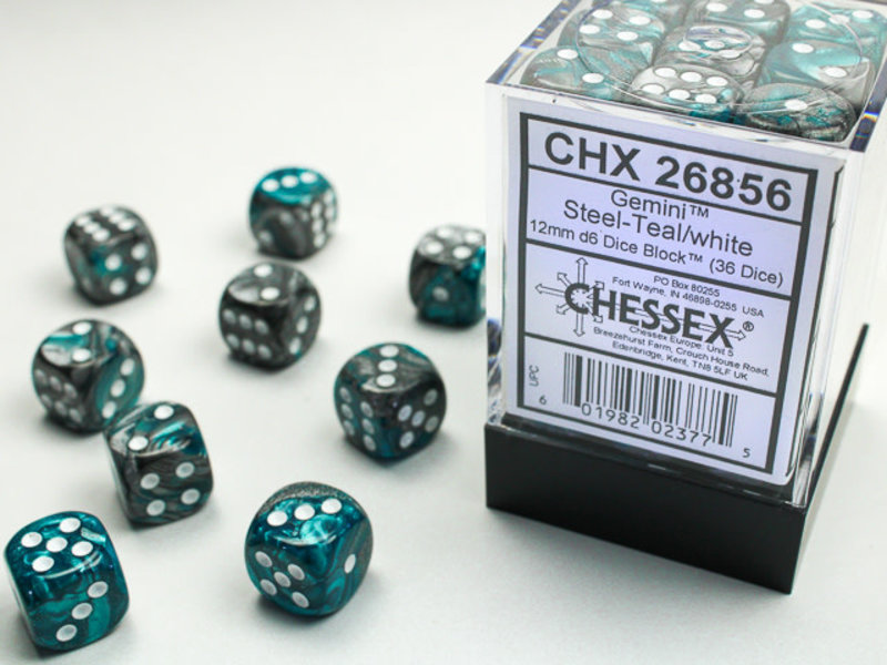 Chessex Gemini 36 * D6 Steel-Teal / White 12mm Chessex Dice (CHX26856)