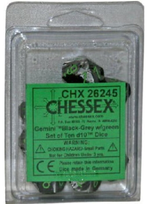 Gemini 10 * D10 Black-Grey / Green Chessex Dice (CHX26245)