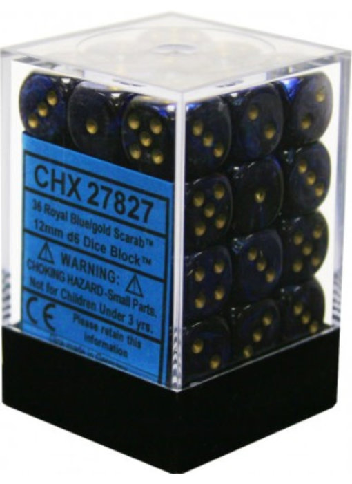 Scarab 36 * D6 Royal Blue / Gold 12mm Chessex Dice (CHX27827)