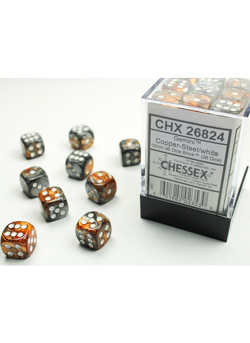 Gemini 36 * D6 Copper-Steel / White 12mm Chessex Dice (CHX26824)