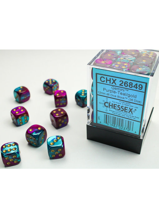Gemini 36 * D6 Purple-Teal / Gold 12mm Chessex Dice (CHX26849)