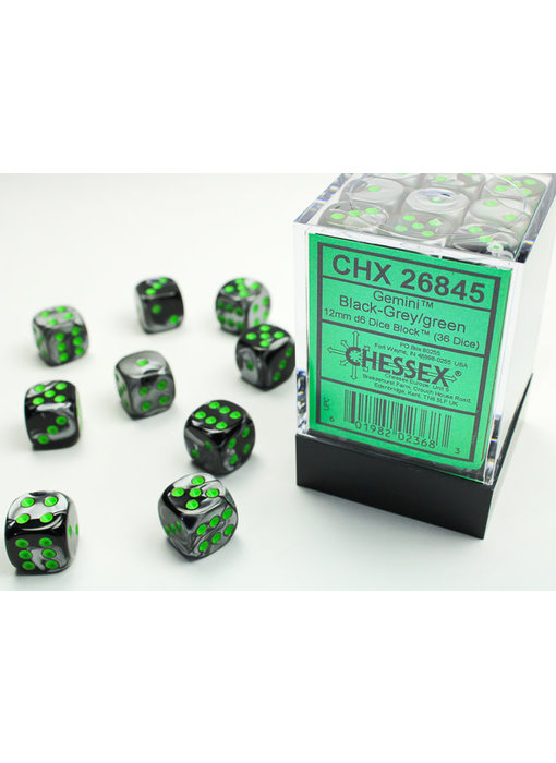 Gemini 36 * D6 Black-Grey / Green 12mm Chessex Dice (CHX26845)