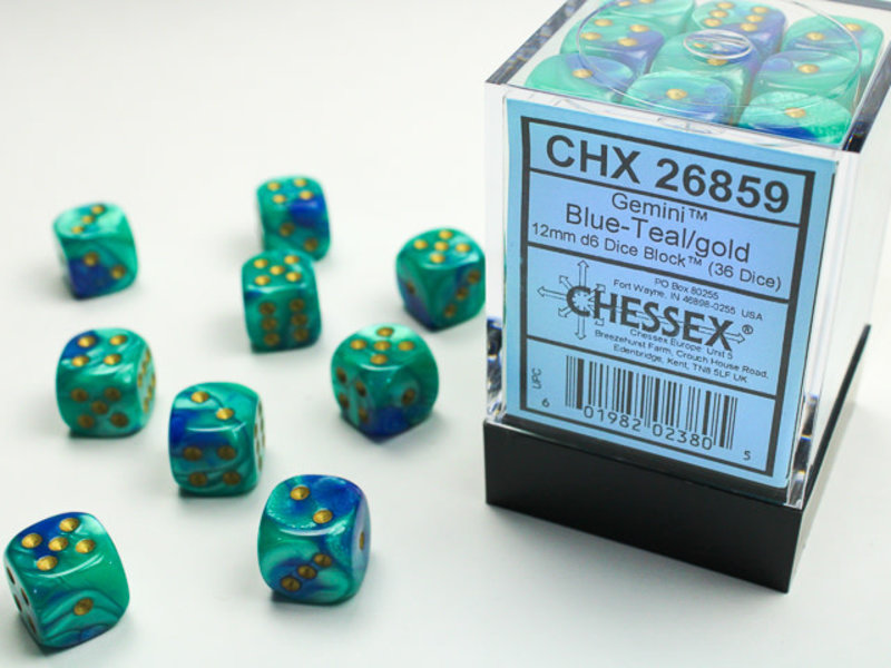 Chessex Gemini 36 * D6 Blue-Teal / Gold 12mm Chessex Dice (CHX26859)