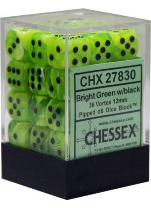 Vortex 36 * D6 Bright Green / Black 12mm Chessex Dice (CHX27830)