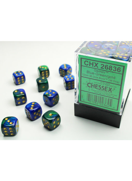 Gemini 36 * D6 Blue-Green / Gold 12mm Chessex Dice (CHX26836)