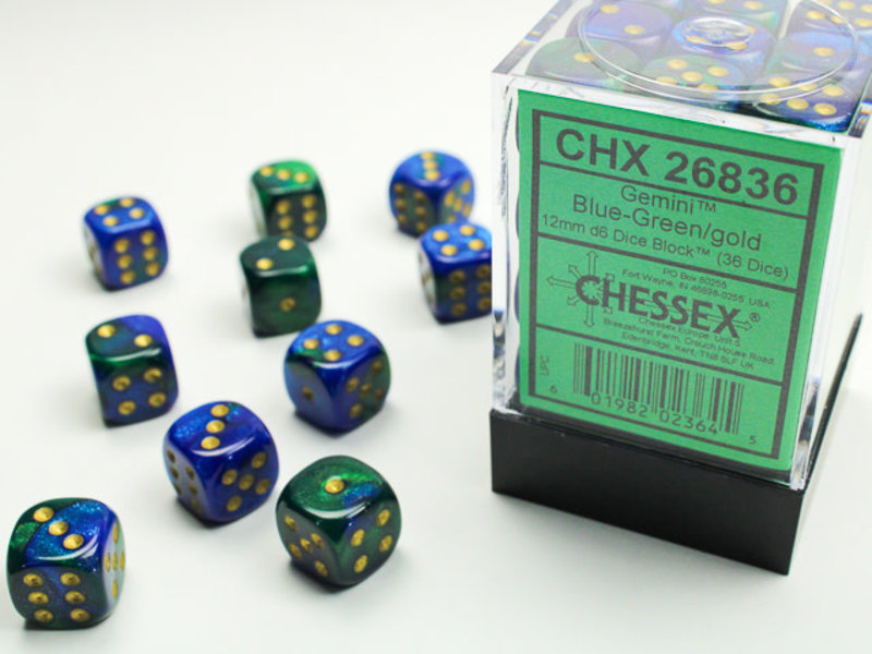 Chessex Gemini 36 * D6 Blue-Green / Gold 12mm Chessex Dice (CHX26836)