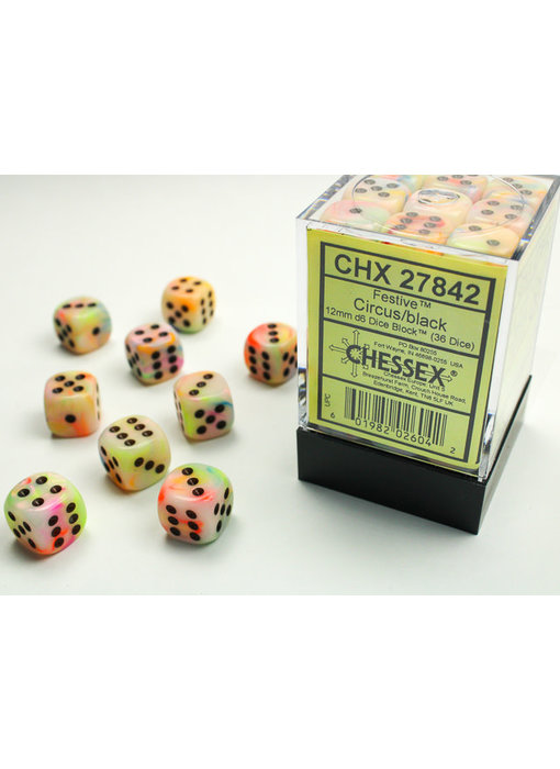 Festive 36 * D6 Circus / Black 12mm Chessex Dice (CHX27842)