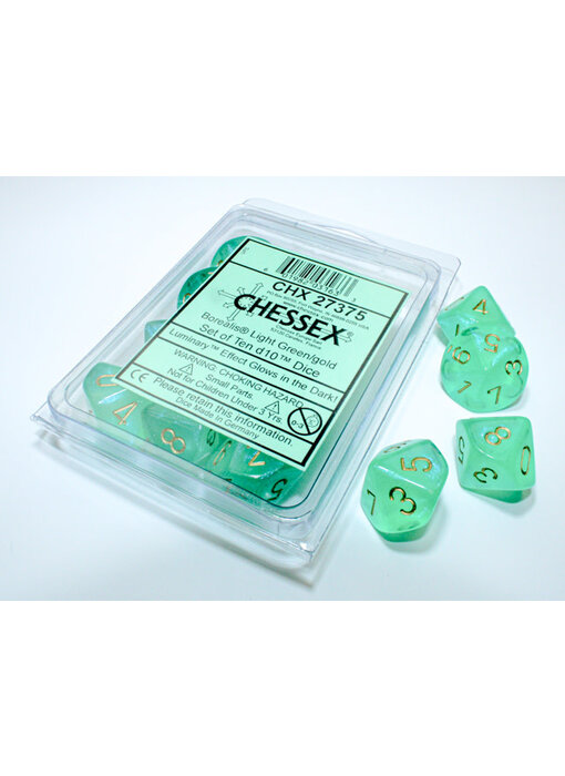 Borealis 10 * D10 Light Green / Gold Luminary Chessex Dice (CHX27375)