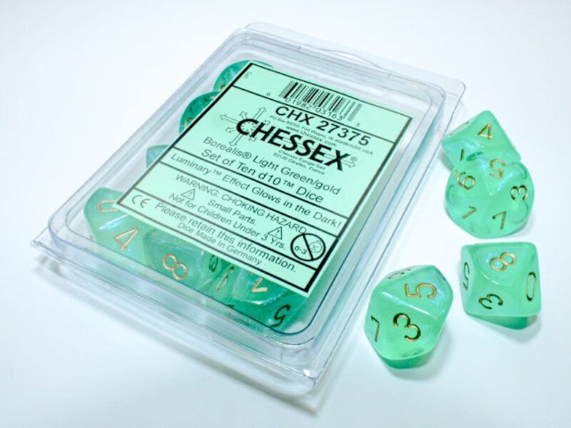 Chessex Borealis 10 * D10 Light Green / Gold Luminary Chessex Dice (CHX27375)