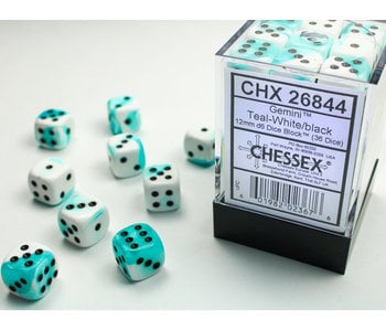 Gemini 36 * D6 Teal-White / Black 12mm Chessex Dice (CHX26844)