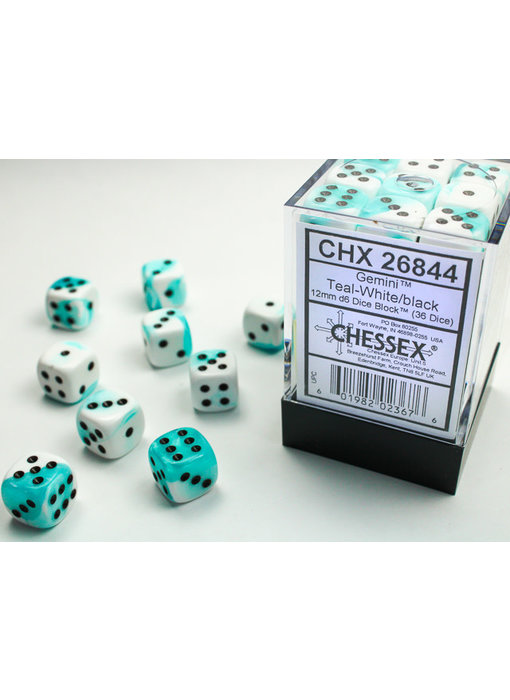 Gemini 36 * D6 Teal-White / Black 12mm Chessex Dice (CHX26844)