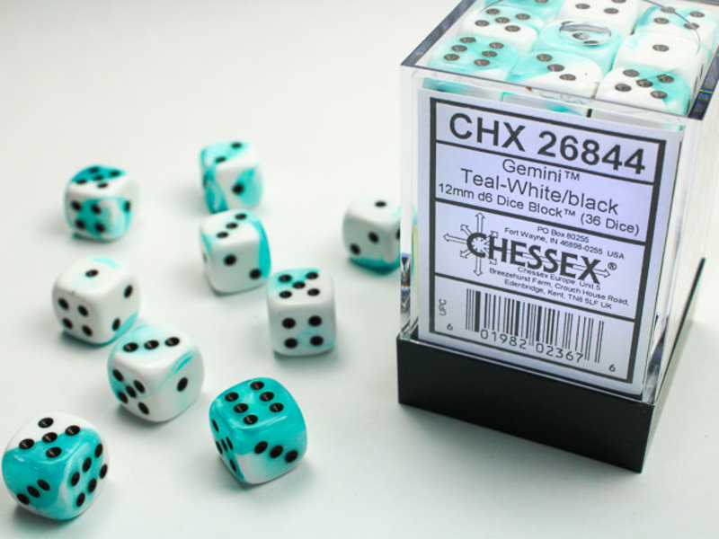 Chessex Gemini 36 * D6 Teal-White / Black 12mm Chessex Dice (CHX26844)