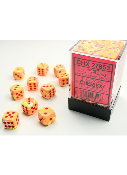 Festive 36 * D6 Sunburst / Red 12mm  Chessex Dice (CHX27853)