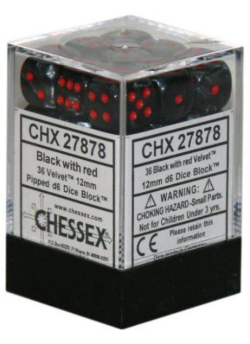 Velvet 36 * D6 Black / Red 12mm Chessex Dice (CHX27878)