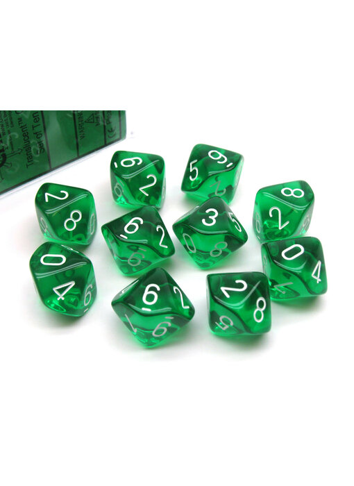 Translucent 10 * D10 Green / White - New Version Chessex Dice (CHX23275)