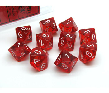 Translucent 10 * D10 Red / White - New Version Chessex Dice (CHX23274)