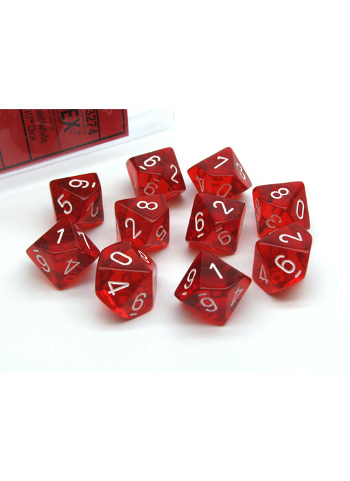 Translucent 10 * D10 Red / White - New Version Chessex Dice (CHX23274)