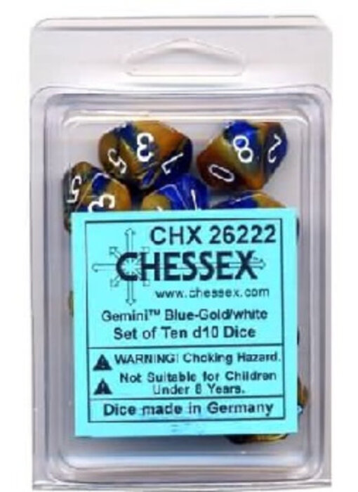 Gemini 10 * D10 Blue-Gold / White Chessex Dice (CHX26222)