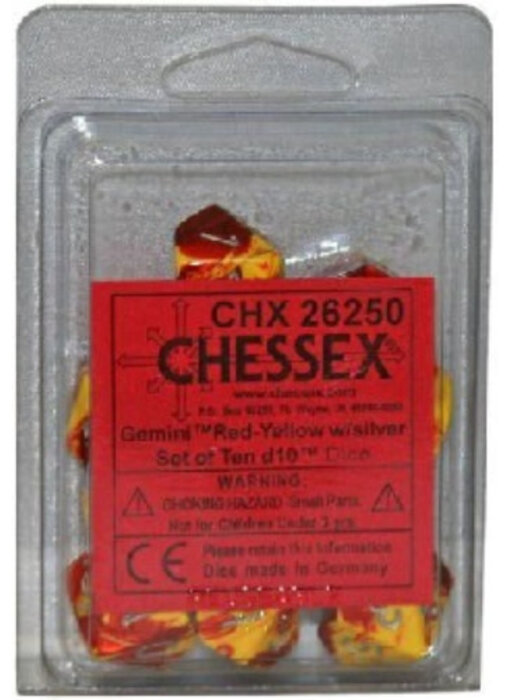 Gemini 10 * D10 Red-Yellow / Silver Chessex Dice (CHX26250)