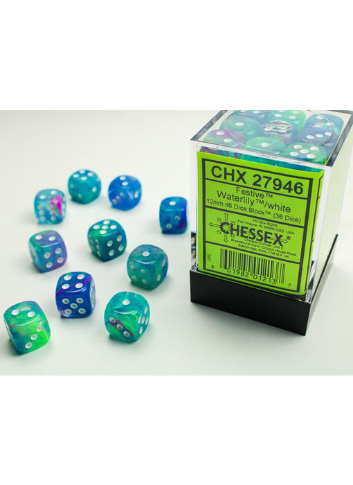 Festive 36 * D6 Waterlily / White 12mm Chessex Dice (CHX27946)