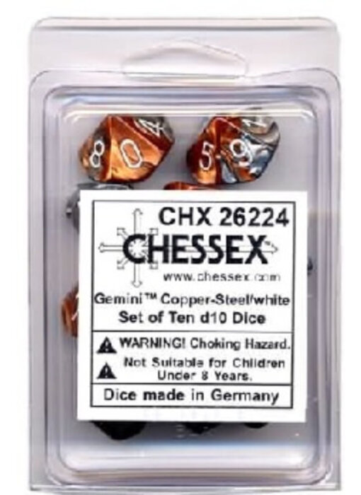 Gemini 10 * D10 Copper-Steel / White Chessex Dice (CHX26224)