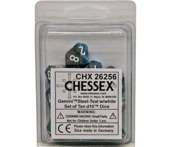 Gemini 10 * D10 Steel-Teal / White Chessex Dice (CHX26256)