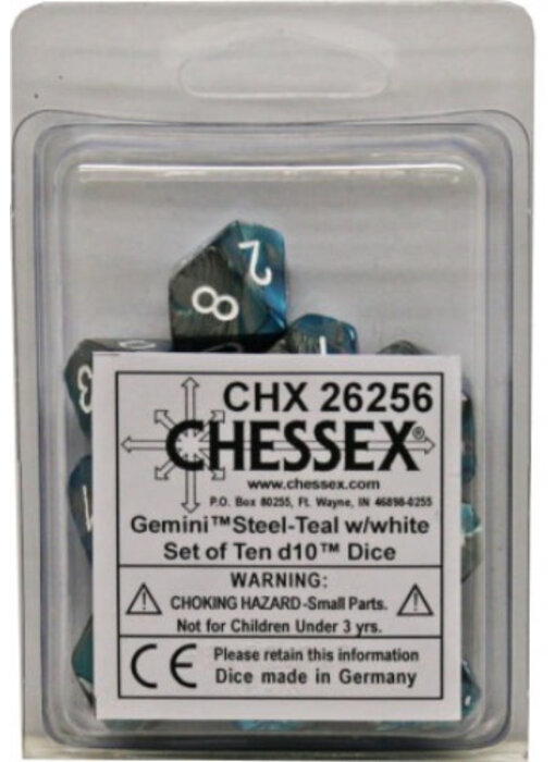 Gemini 10 * D10 Steel-Teal / White Chessex Dice (CHX26256)