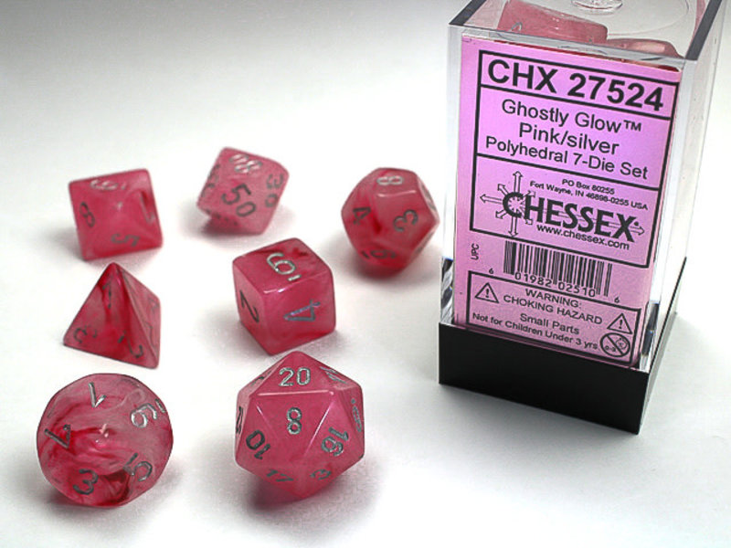 Chessex Ghostly Glow 7-Die Set Pink / Silver Chessex Dice (CHX27524)