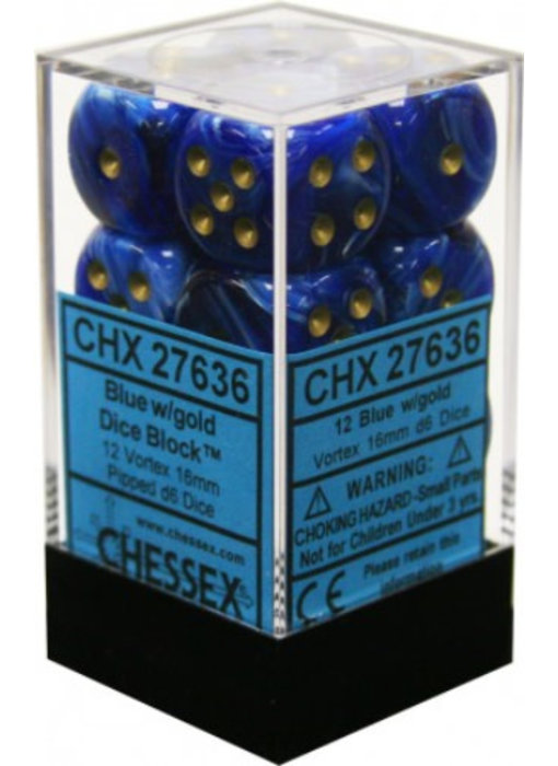 Vortex 12 * D6 Blue / Gold 16mm Chessex Dice (CHX27636)