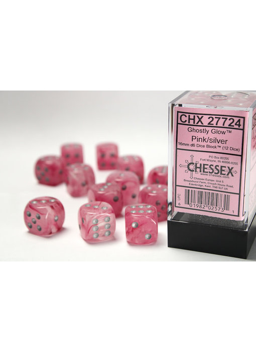 Ghostly Glow 12 * D6 Pink / Silver 16mm Chessex Dice (CHX27724)