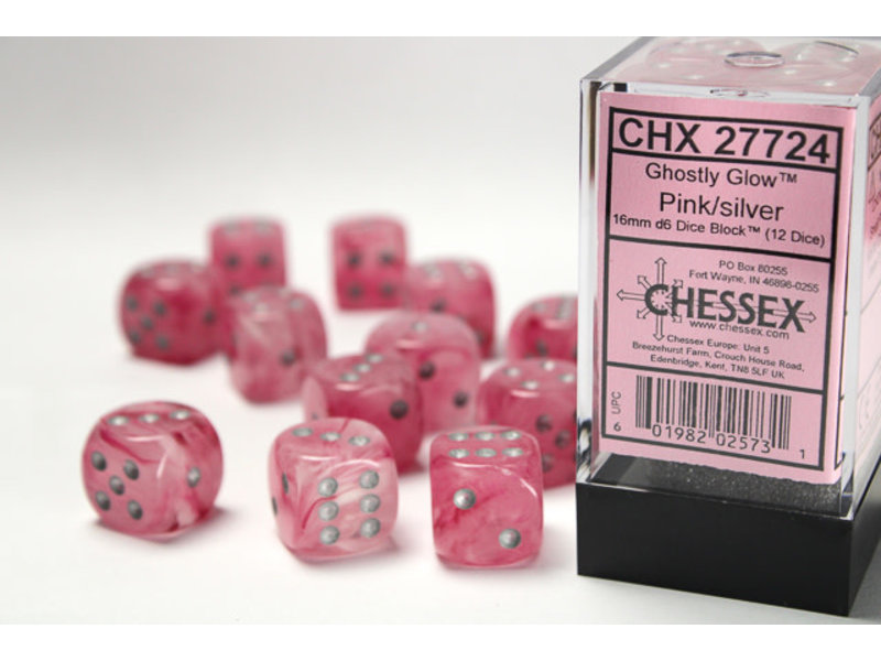 Chessex Ghostly Glow 12 * D6 Pink / Silver 16mm Chessex Dice (CHX27724)